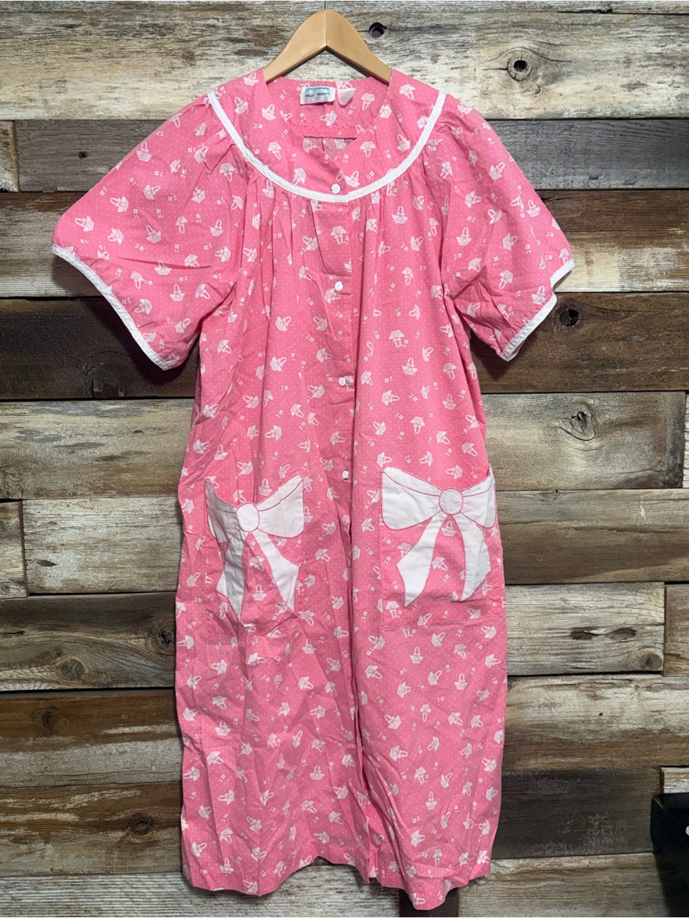 Vintage Kelly Reed Duster House Dress Pearl Snap Robe Womens XL Pink Floral 60s